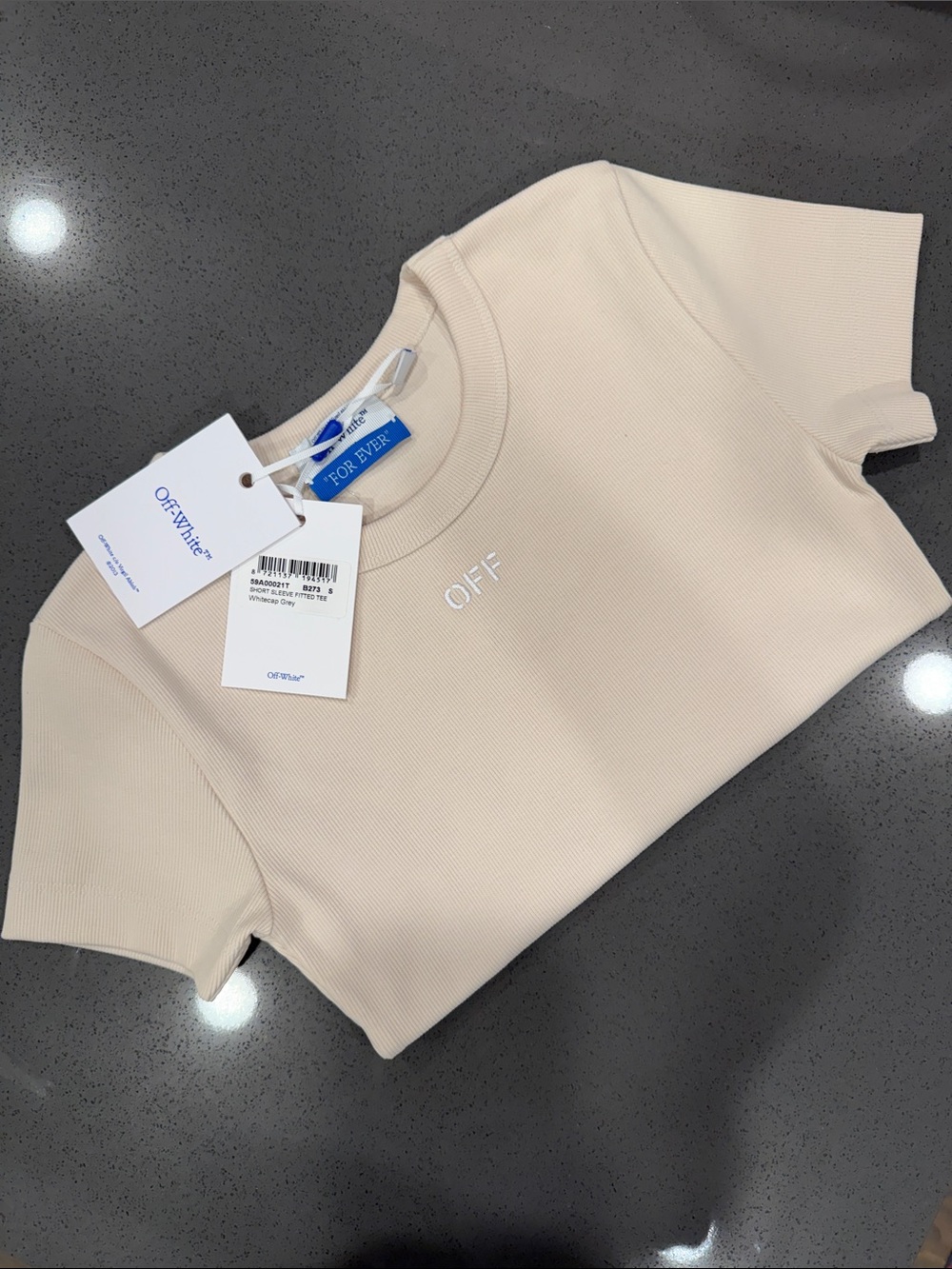 Off-White Cream Ribbed Crop Tee with Subtle Logo